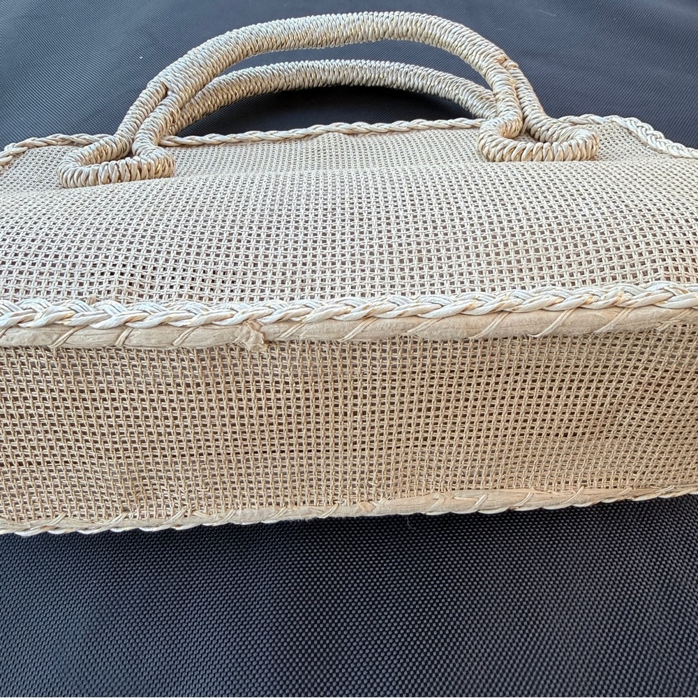Vintage Raffia Straw Handbag Floral Shell Applique Japan 50s 60s - Picture 9 of 11